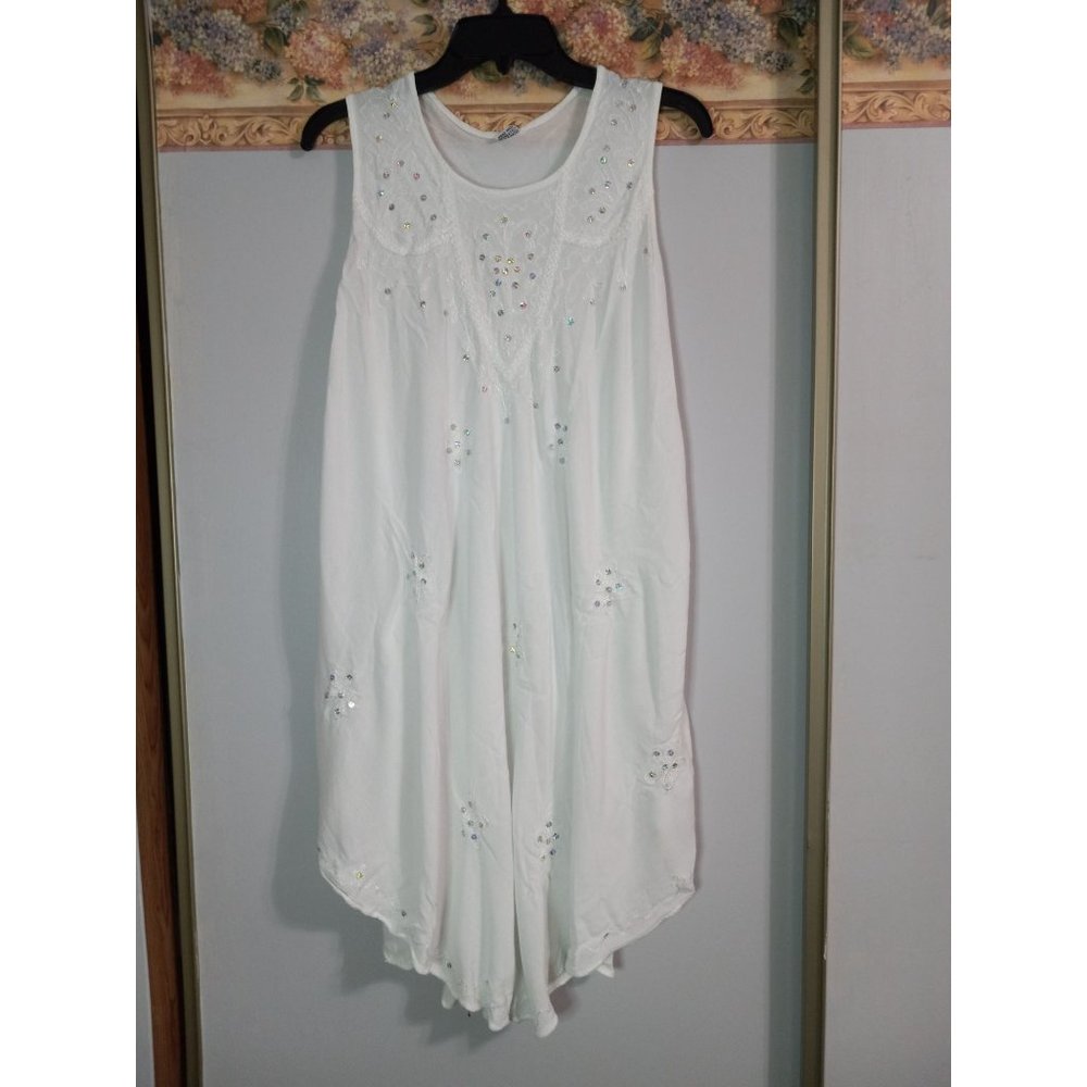 Made In India Free Size White Embroidered Beach Boho Wedding Peasant Midi Dress